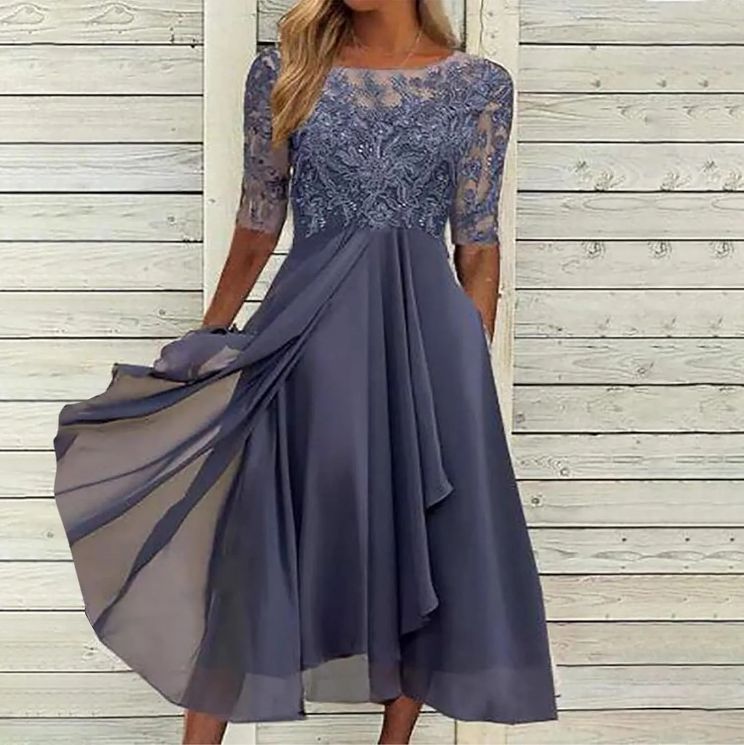 Women's Summer Chiffon Lace Maxi Dresses Half Sleeve Mesh Flowy Formal Evening Wedding Guest Party Dress