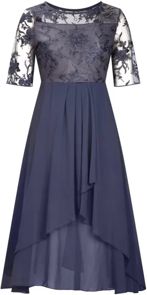 Women's Summer Chiffon Lace Maxi Dresses Half Sleeve Mesh Flowy Formal Evening Wedding Guest Party Dress