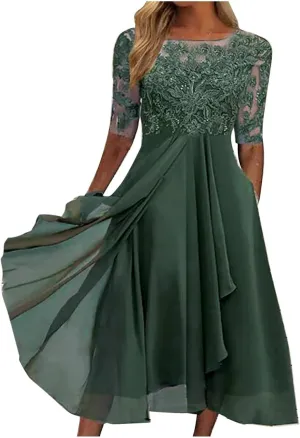 Women's Summer Chiffon Lace Maxi Dresses Half Sleeve Mesh Flowy Formal Evening Wedding Guest Party Dress