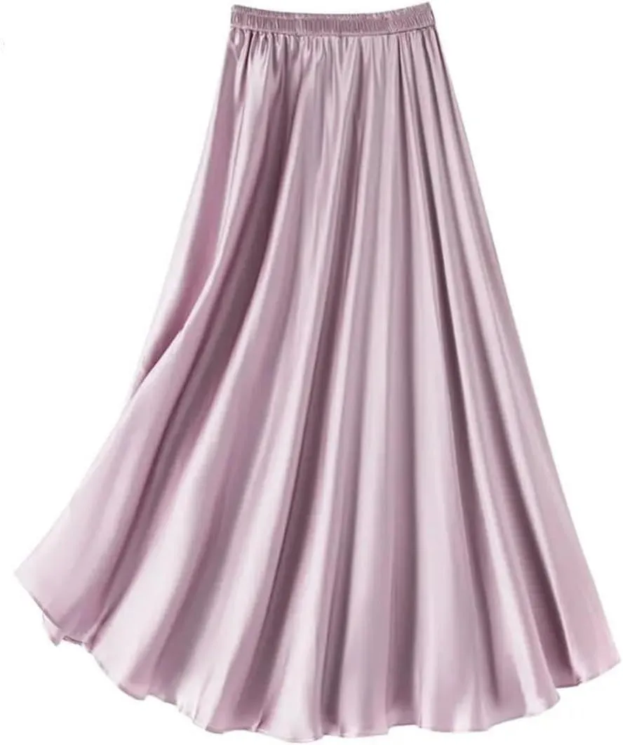 Women's Summer Loose Satin Silk Skirt Mid Length Slim Large Swing Skirt