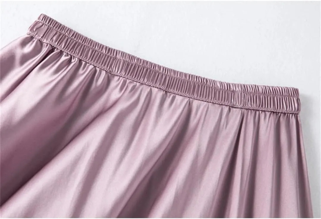 Women's Summer Loose Satin Silk Skirt Mid Length Slim Large Swing Skirt