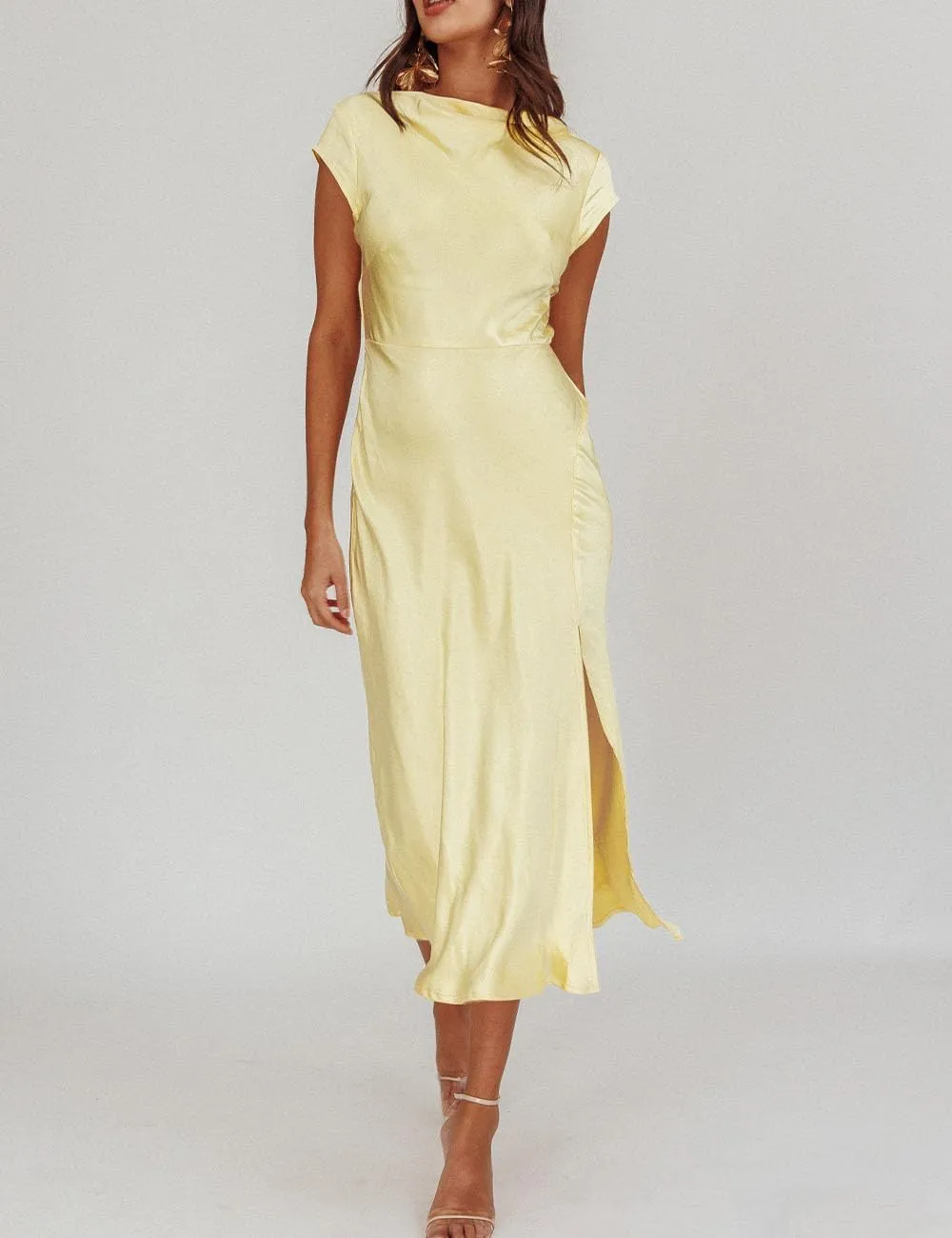 Women's Summer Satin Elegance Backless Twist Cap Sleeves Midi Dress 2025 Sexy Cowl Neck Slit Cocktail Wedding Guest Dresses