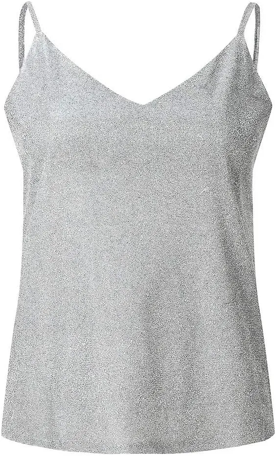 Womens Tank Tops Casual Fashion V Neck Strappy Sequin Sparkle Shimmer Camisole Sleeveless Tanks Tops