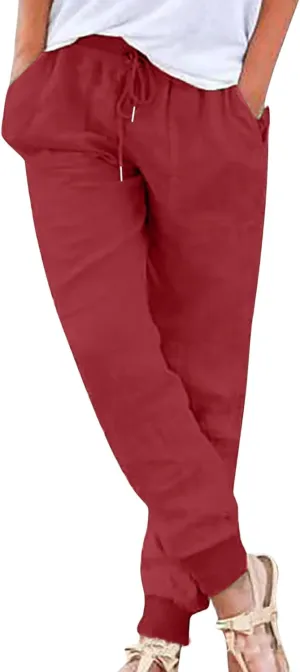 Womens Tapered Pant Summer Lightweight Cotton Linen Pants Drawstring Elastic Waist Loose Fit Casual Pant with Pockets
