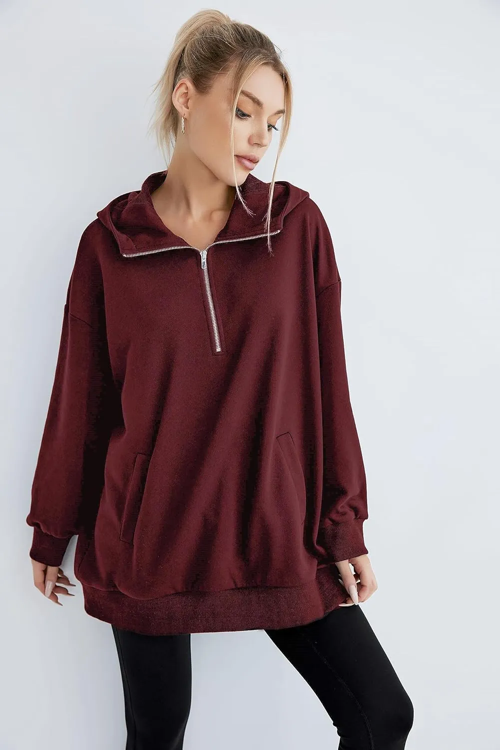Women's Thin Tunic Hoodies Long Sleeve Zip Up Sweatshirts Pullover Blouse Tops