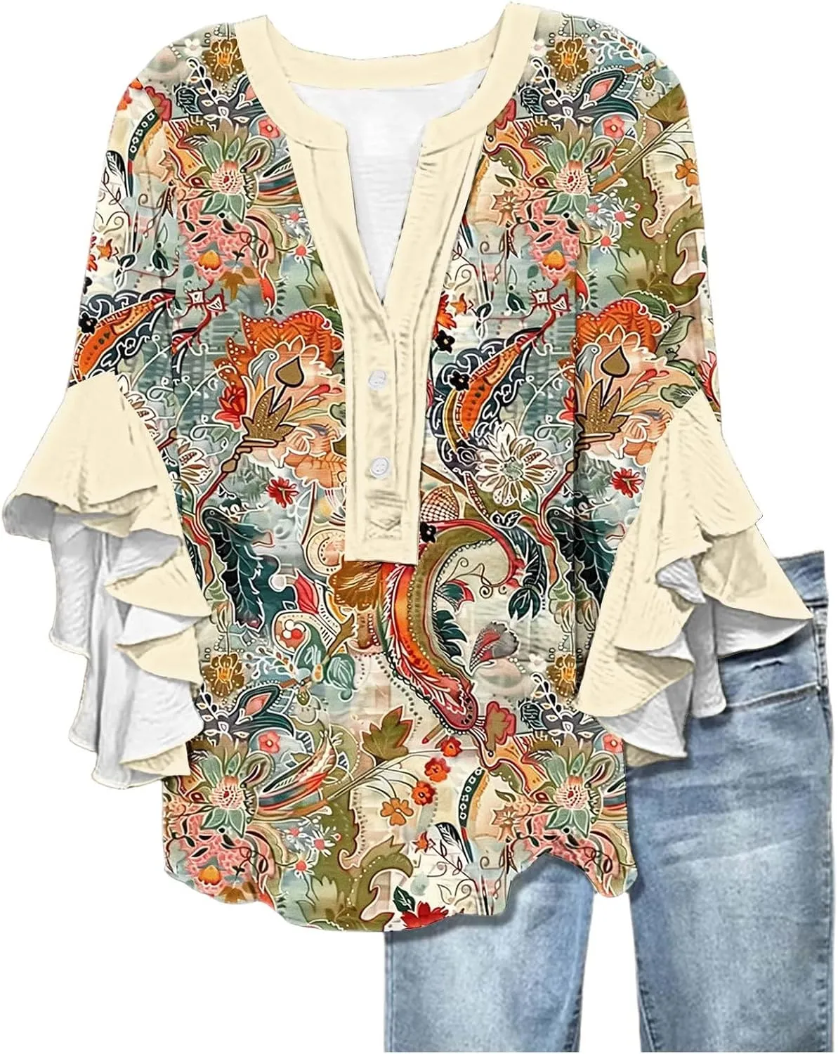 Womens Tops 3/4 Length Sleeves Floral Shirts Summer Flowy Ruffle Sleeve Tops Half Button Down Shirt V Neck Blouse
