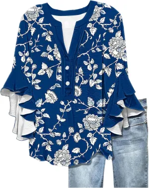 Womens Tops 3/4 Length Sleeves Floral Shirts Summer Flowy Ruffle Sleeve Tops Half Button Down Shirt V Neck Blouse
