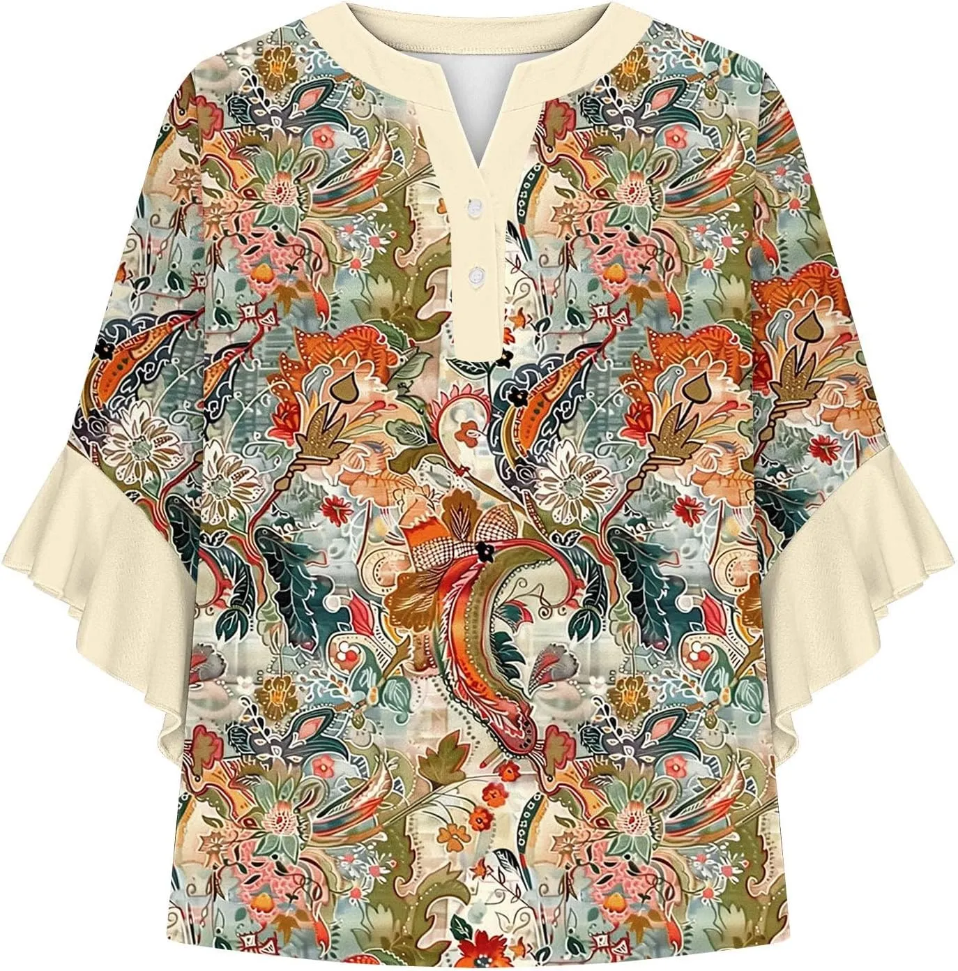 Womens Tops 3/4 Length Sleeves Floral Shirts Summer Flowy Ruffle Sleeve Tops Half Button Down Shirt V Neck Blouse