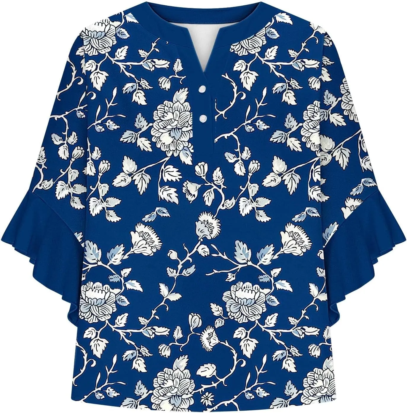 Womens Tops 3/4 Length Sleeves Floral Shirts Summer Flowy Ruffle Sleeve Tops Half Button Down Shirt V Neck Blouse