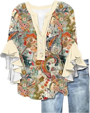 Womens Tops 3/4 Length Sleeves Floral Shirts Summer Flowy Ruffle Sleeve Tops Half Button Down Shirt V Neck Blouse