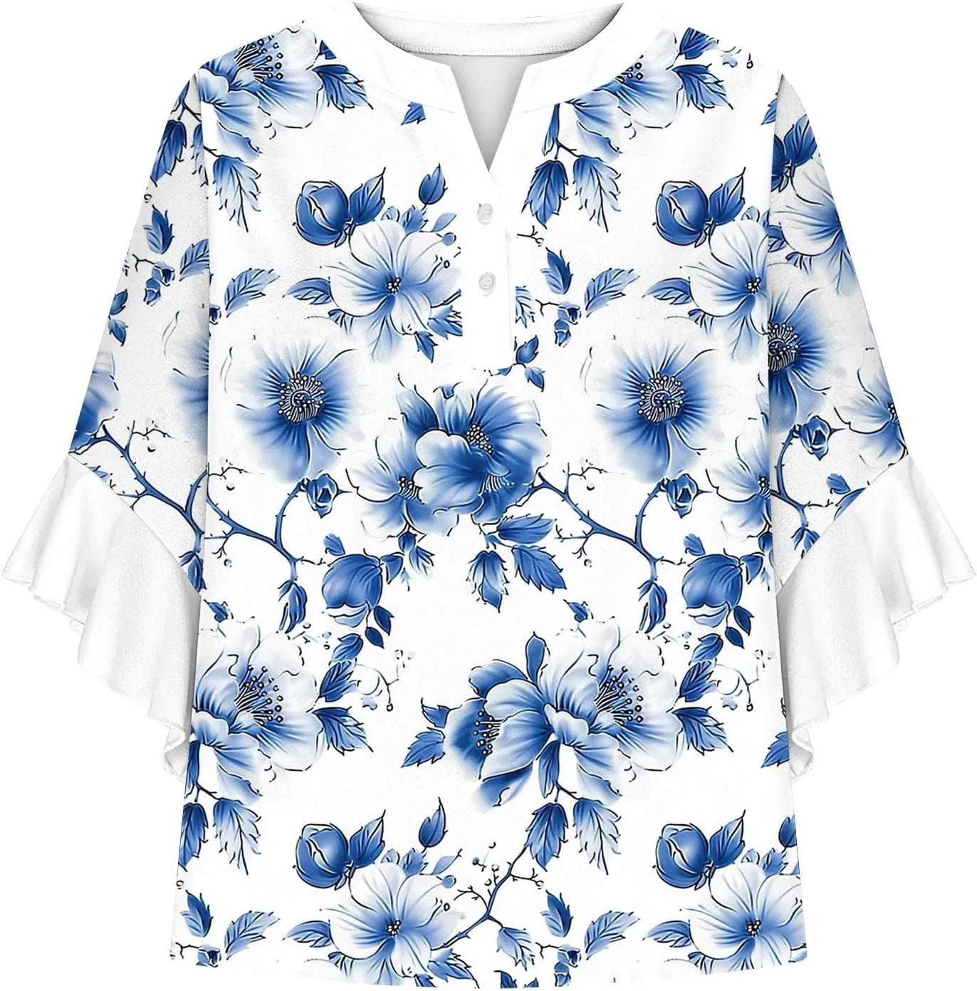 Womens Tops 3/4 Length Sleeves Floral Shirts Summer Flowy Ruffle Sleeve Tops Half Button Down Shirt V Neck Blouse