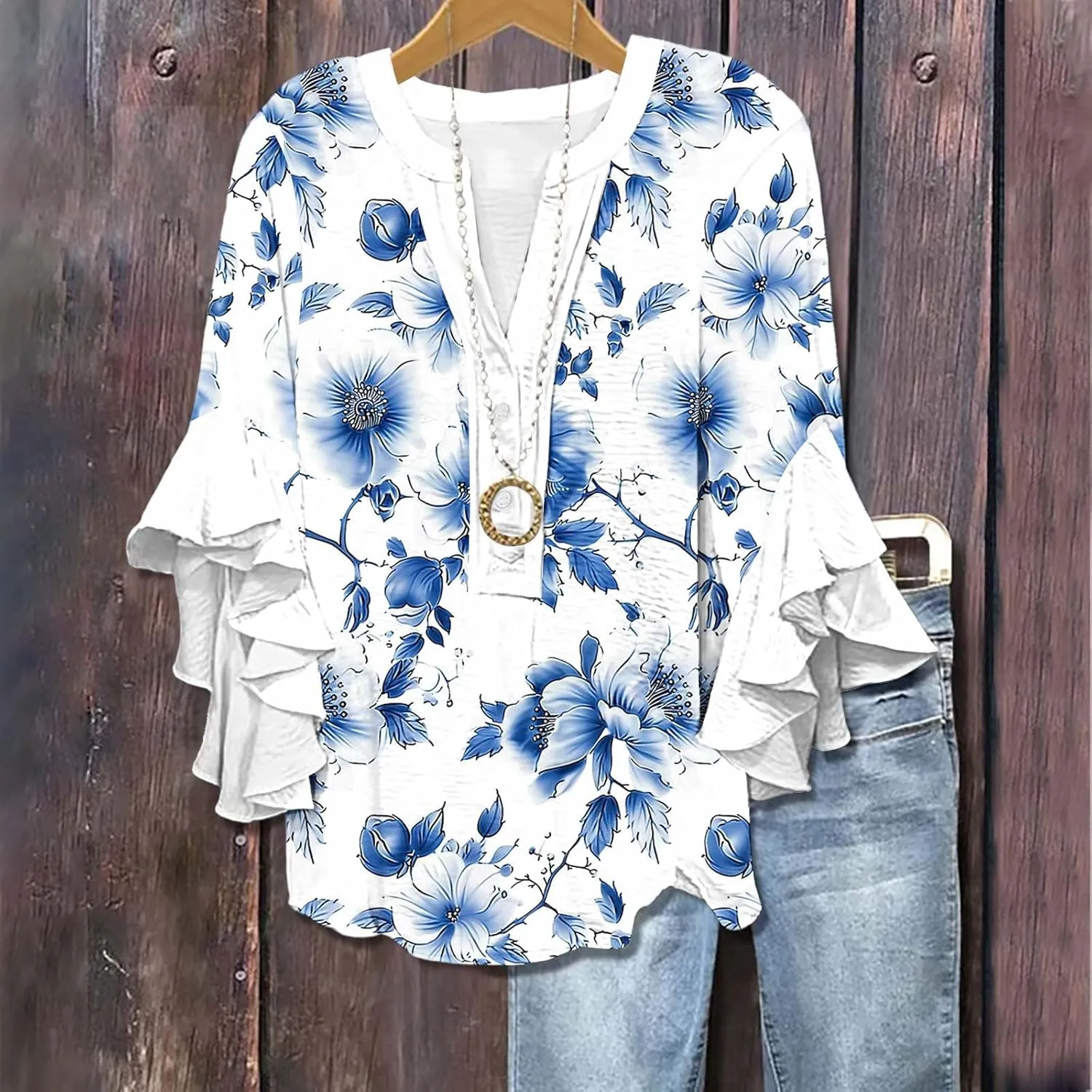 Womens Tops 3/4 Length Sleeves Floral Shirts Summer Flowy Ruffle Sleeve Tops Half Button Down Shirt V Neck Blouse