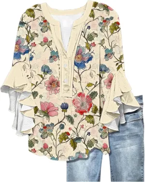 Womens Tops 3/4 Length Sleeves Floral Shirts Summer Flowy Ruffle Sleeve Tops Half Button Down Shirt V Neck Blouse