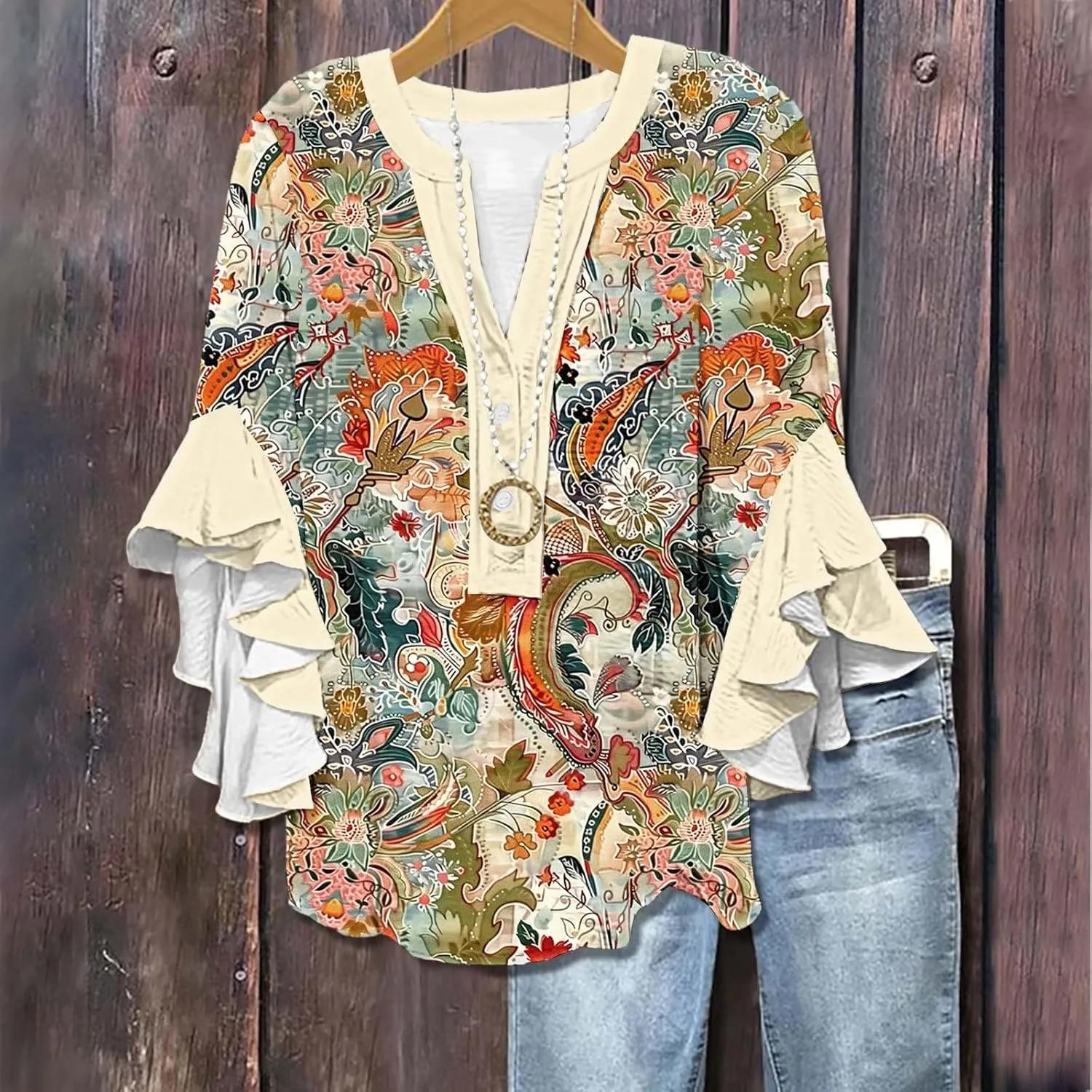 Womens Tops 3/4 Length Sleeves Floral Shirts Summer Flowy Ruffle Sleeve Tops Half Button Down Shirt V Neck Blouse