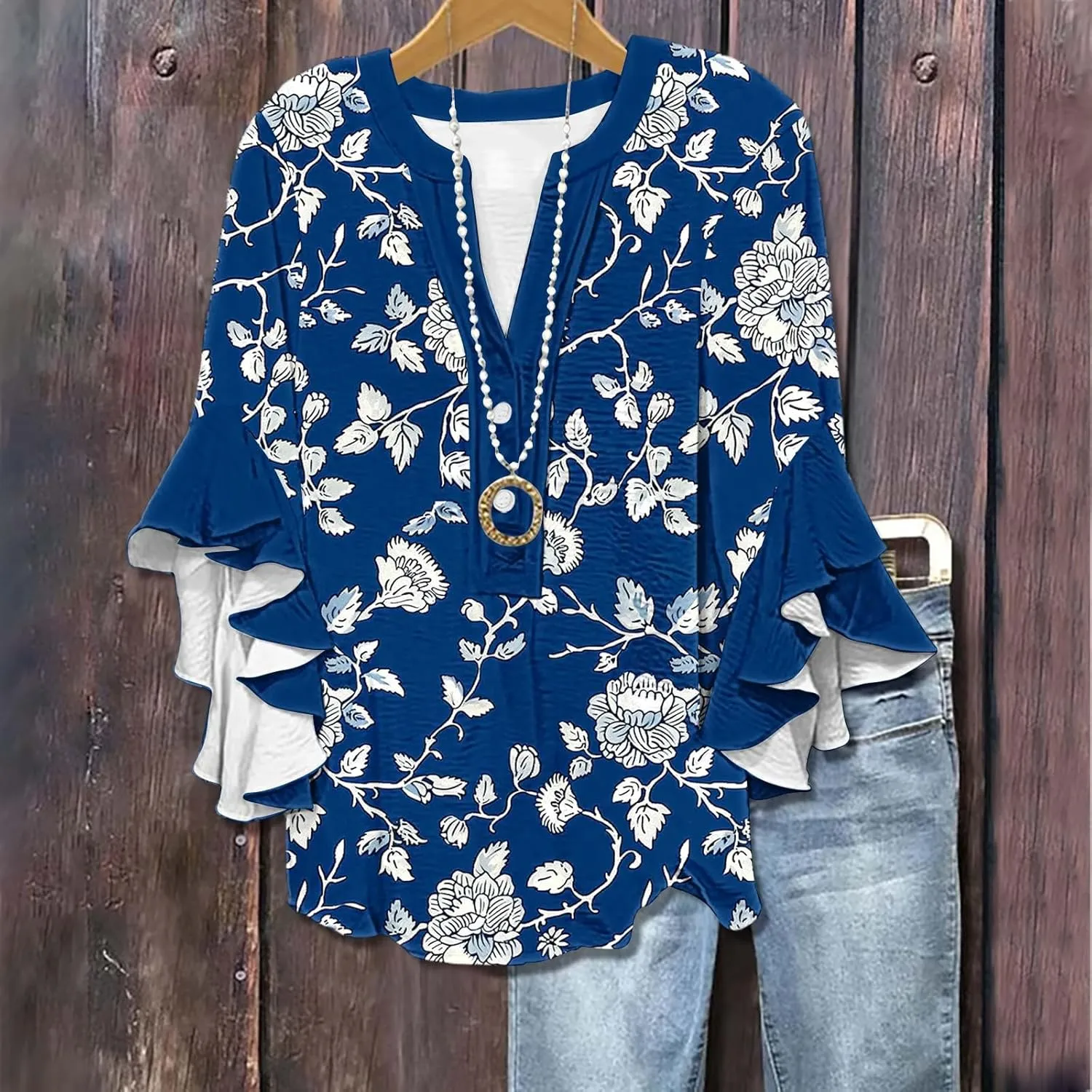 Womens Tops 3/4 Length Sleeves Floral Shirts Summer Flowy Ruffle Sleeve Tops Half Button Down Shirt V Neck Blouse