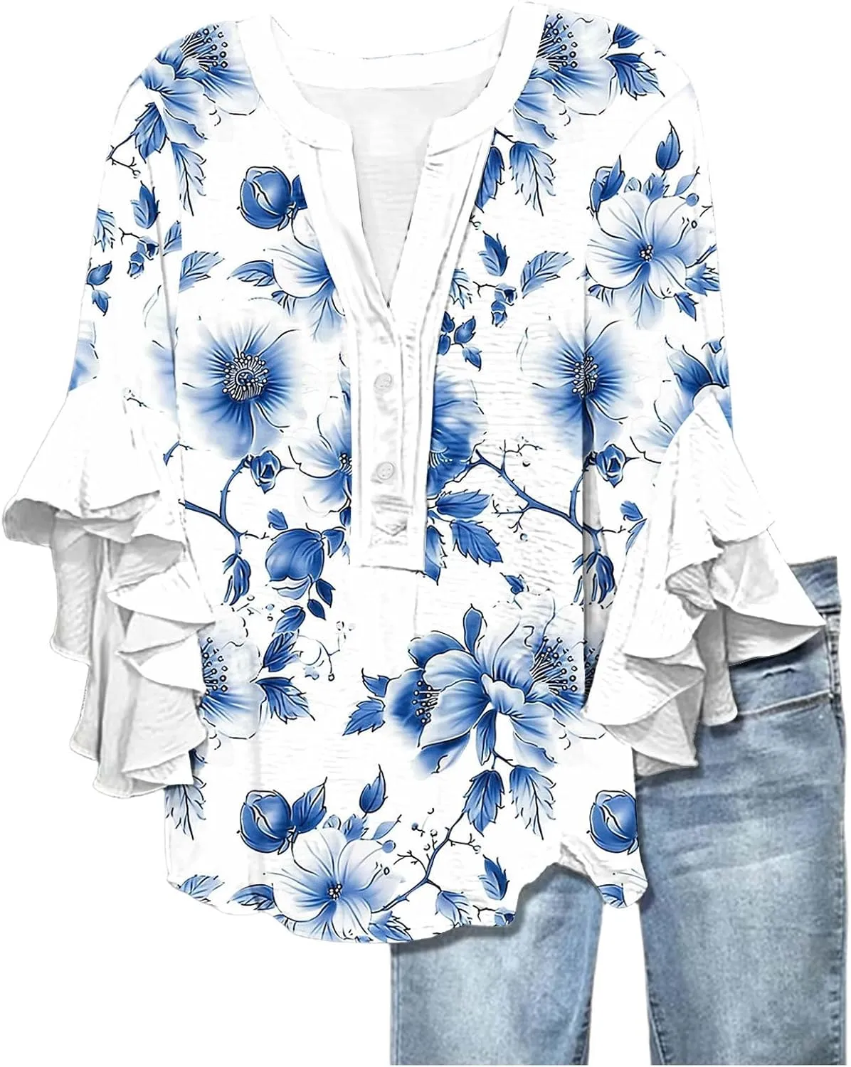 Womens Tops 3/4 Length Sleeves Floral Shirts Summer Flowy Ruffle Sleeve Tops Half Button Down Shirt V Neck Blouse