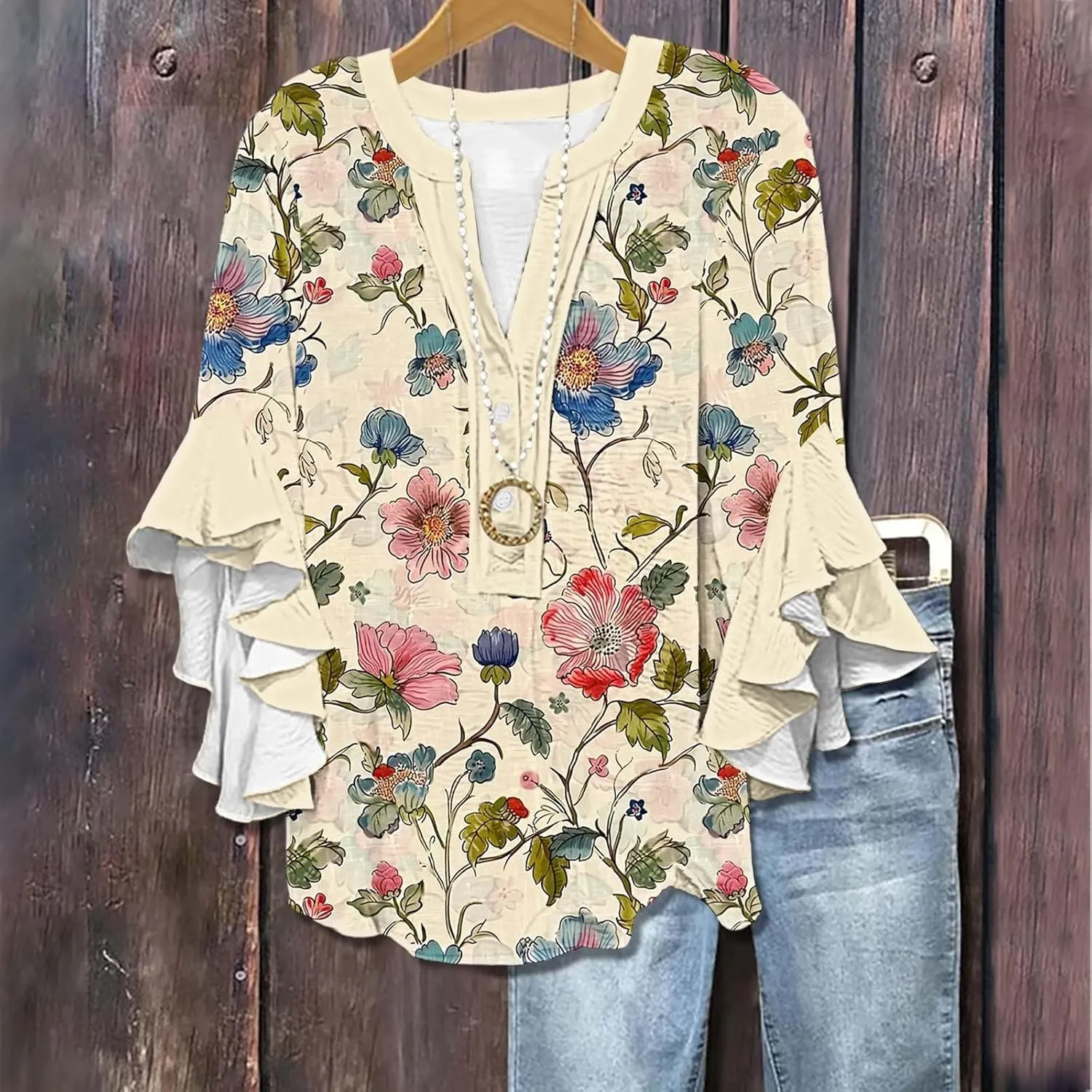 Womens Tops 3/4 Length Sleeves Floral Shirts Summer Flowy Ruffle Sleeve Tops Half Button Down Shirt V Neck Blouse