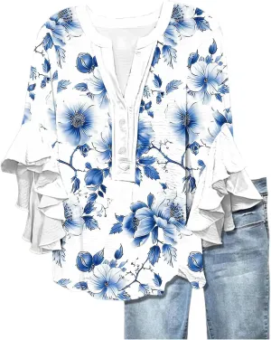 Womens Tops 3/4 Length Sleeves Floral Shirts Summer Flowy Ruffle Sleeve Tops Half Button Down Shirt V Neck Blouse