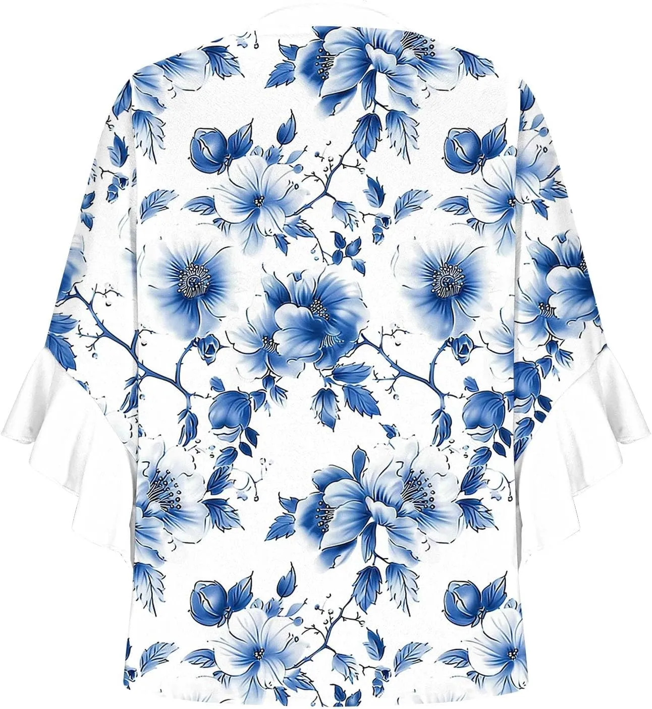 Womens Tops 3/4 Length Sleeves Floral Shirts Summer Flowy Ruffle Sleeve Tops Half Button Down Shirt V Neck Blouse