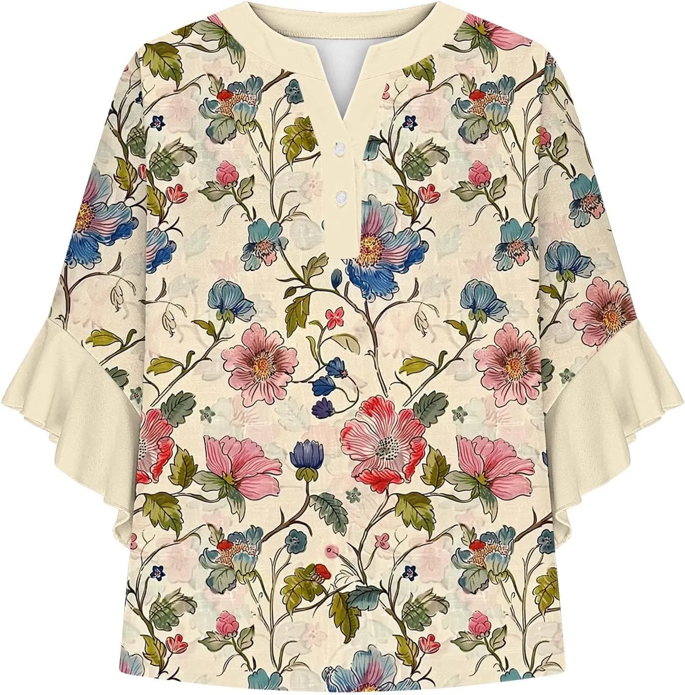 Womens Tops 3/4 Length Sleeves Floral Shirts Summer Flowy Ruffle Sleeve Tops Half Button Down Shirt V Neck Blouse