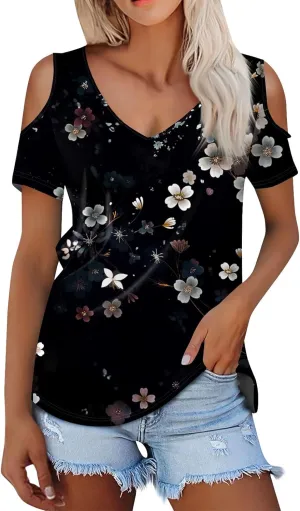 Womens Tops Summer Casual Sexy V Neck Short Sleeve Shirts Cold Shoulder Tops Loose Blouses Soft Comfy Graphic Tees