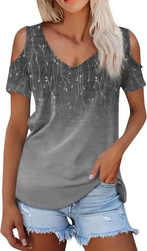 Womens Tops Summer Casual Sexy V Neck Short Sleeve Shirts Cold Shoulder Tops Loose Blouses Soft Comfy Graphic Tees