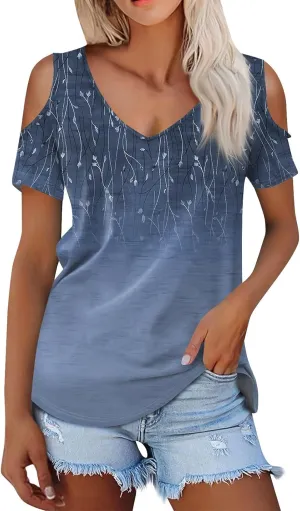 Womens Tops Summer Casual Sexy V Neck Short Sleeve Shirts Cold Shoulder Tops Loose Blouses Soft Comfy Graphic Tees