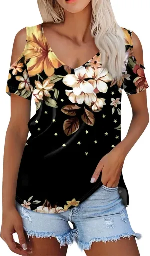 Womens Tops Summer Casual Sexy V Neck Short Sleeve Shirts Cold Shoulder Tops Loose Blouses Soft Comfy Graphic Tees