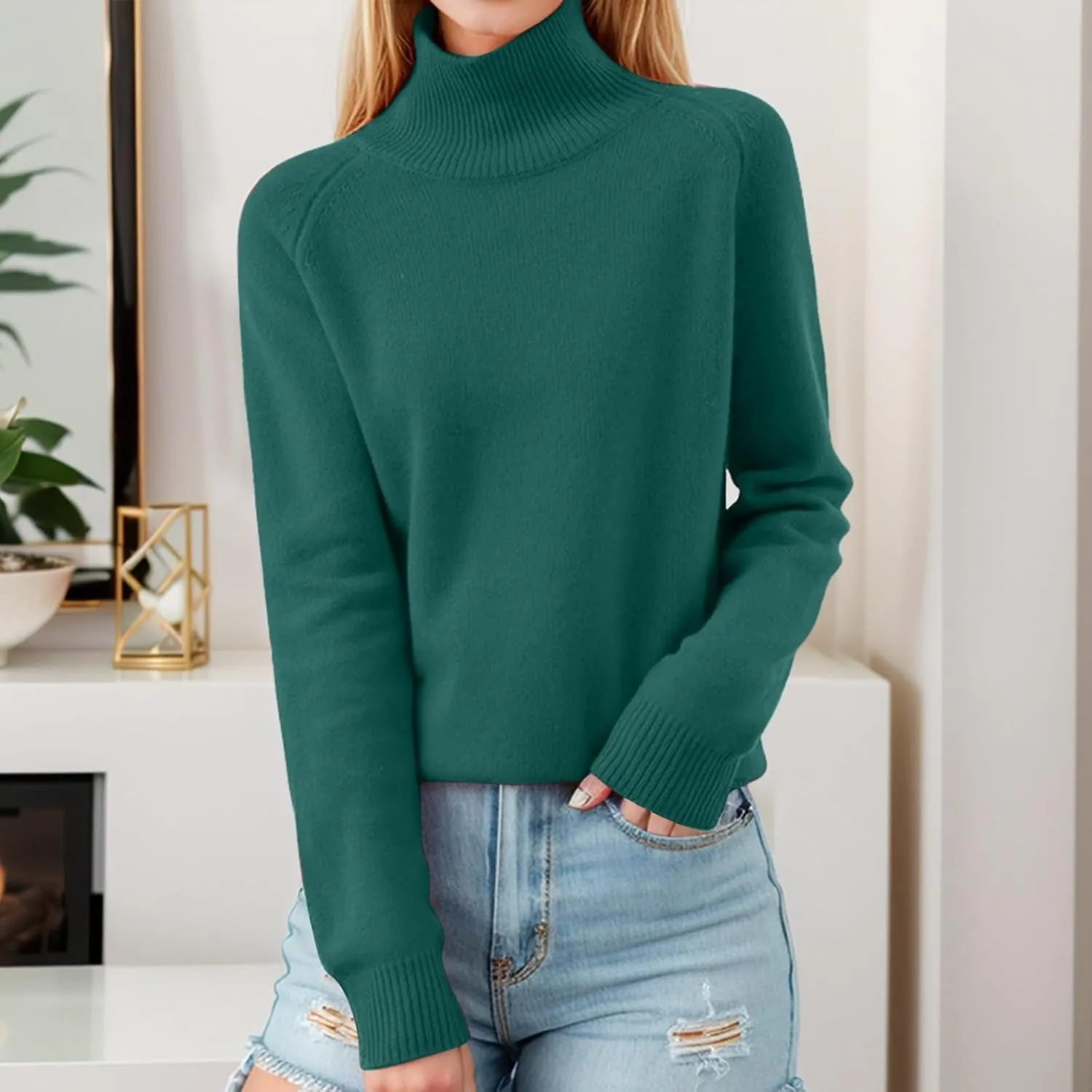 Women's Turtleneck Cashmere Sweater Knitted Casual Trendy Wool Crew Neck Pullover Tops Fall Winter Warm Comfy Soft Sweaters