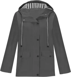 Women's Waterproof Rain Jacket with Hood Lightweight Button Zip Up Raincoat Active Outdoor Windbreaker with Pockets