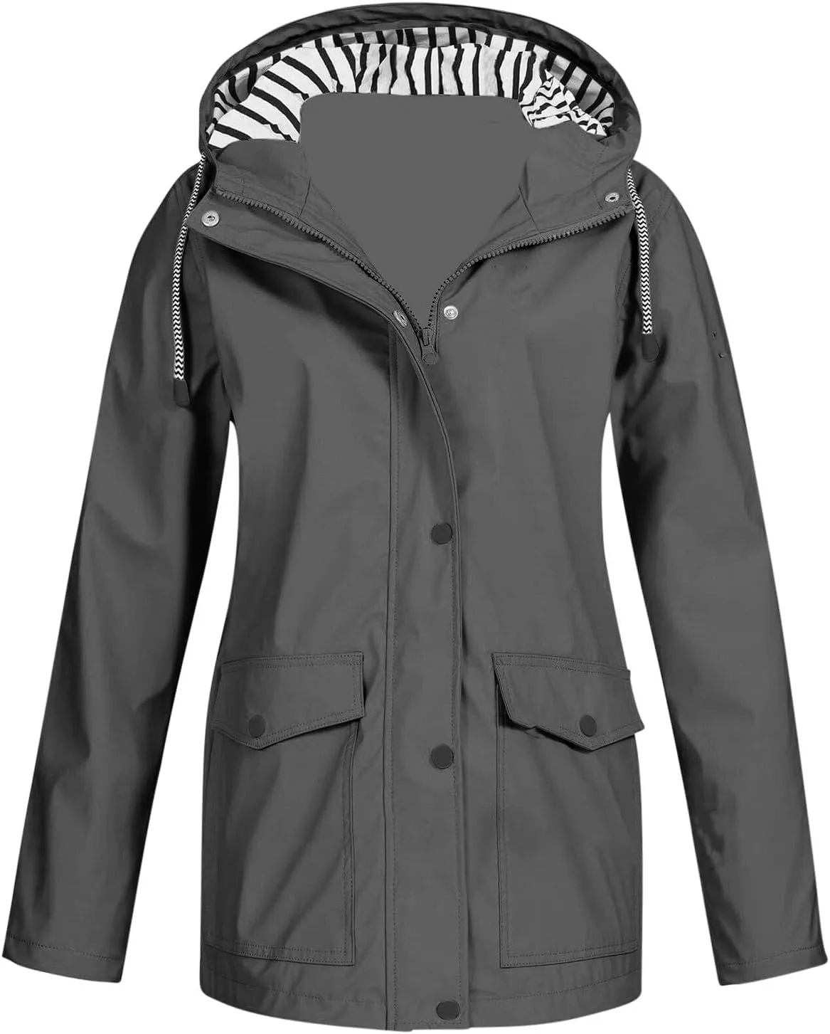 Women's Waterproof Rain Jacket with Hood Lightweight Button Zip Up Raincoat Active Outdoor Windbreaker with Pockets