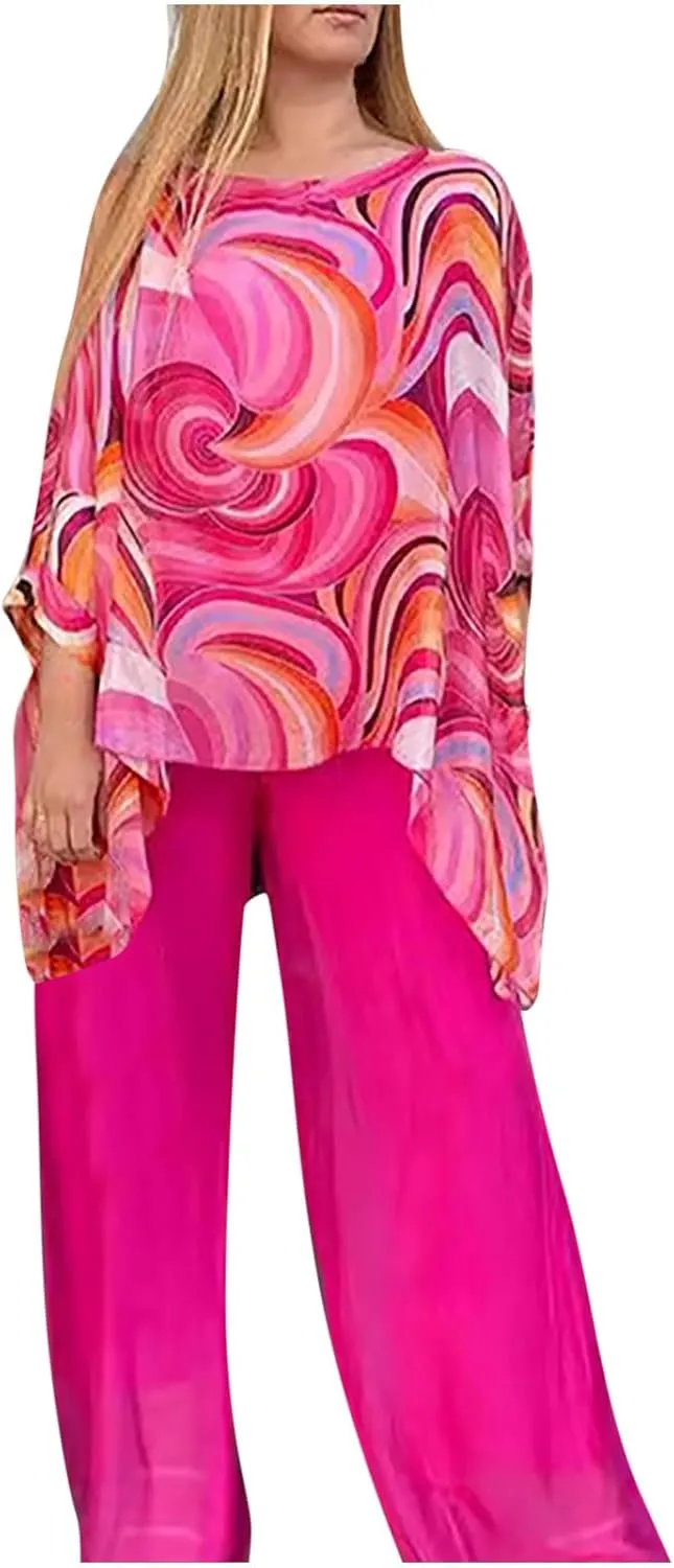 Women’s Wedding Guest Pant Suit 2 Piece Set Tie Dye Printed Elegant Formal Chiffon Evening Party Outfit