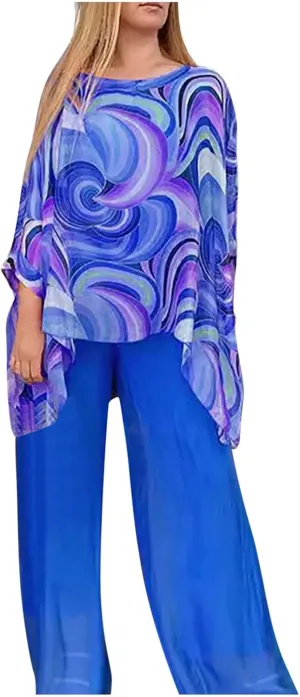 Women’s Wedding Guest Pant Suit 2 Piece Set Tie Dye Printed Elegant Formal Chiffon Evening Party Outfit