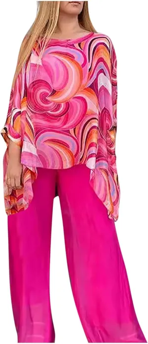 Women’s Wedding Guest Pant Suit 2 Piece Set Tie Dye Printed Elegant Formal Chiffon Evening Party Outfit