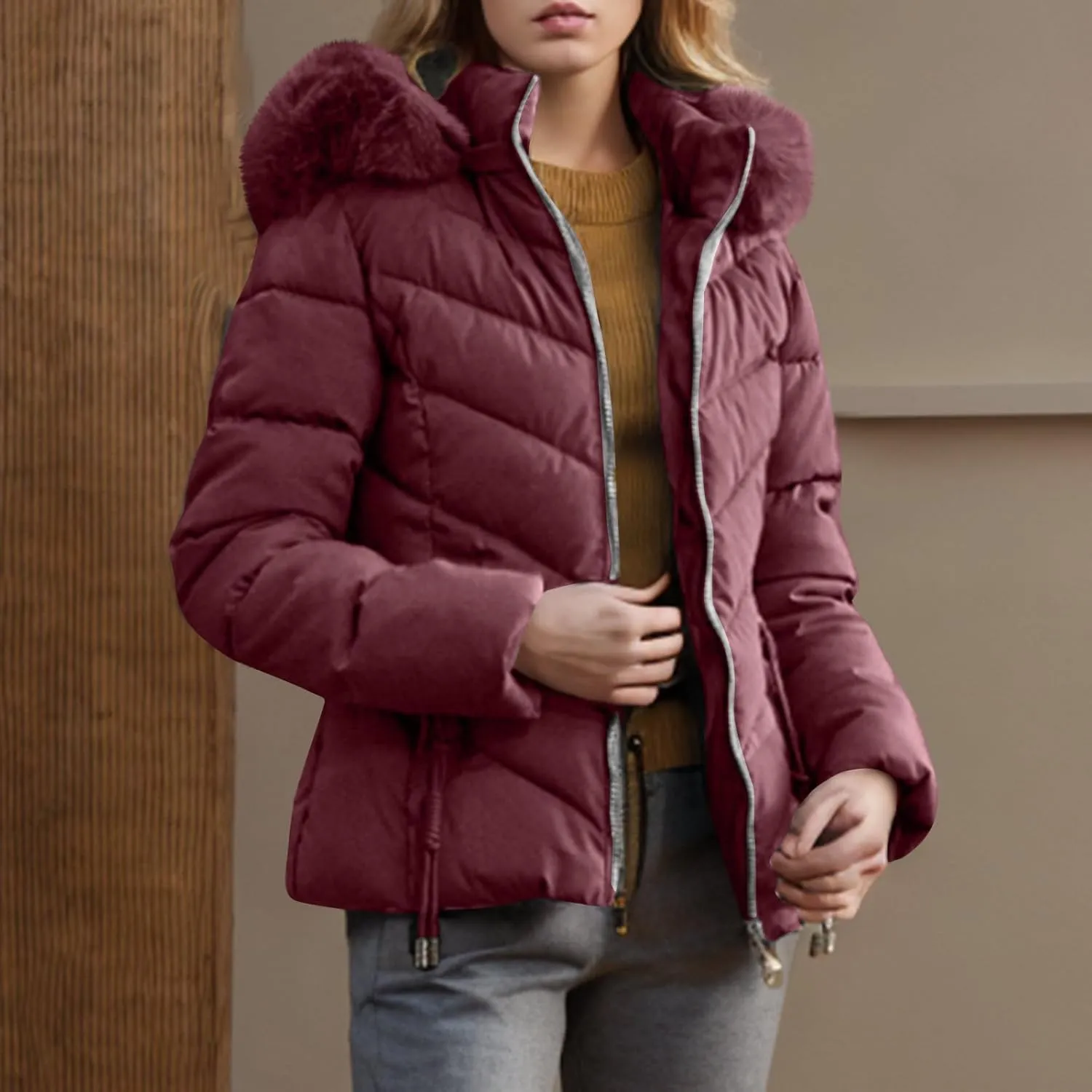 Women's Winter Cropped Coat Quilted Down Jackets Parka Warm Puffer Jacket with Faux Fur Hood Padded Coats Outerwear