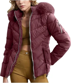 Women's Winter Cropped Coat Quilted Down Jackets Parka Warm Puffer Jacket with Faux Fur Hood Padded Coats Outerwear