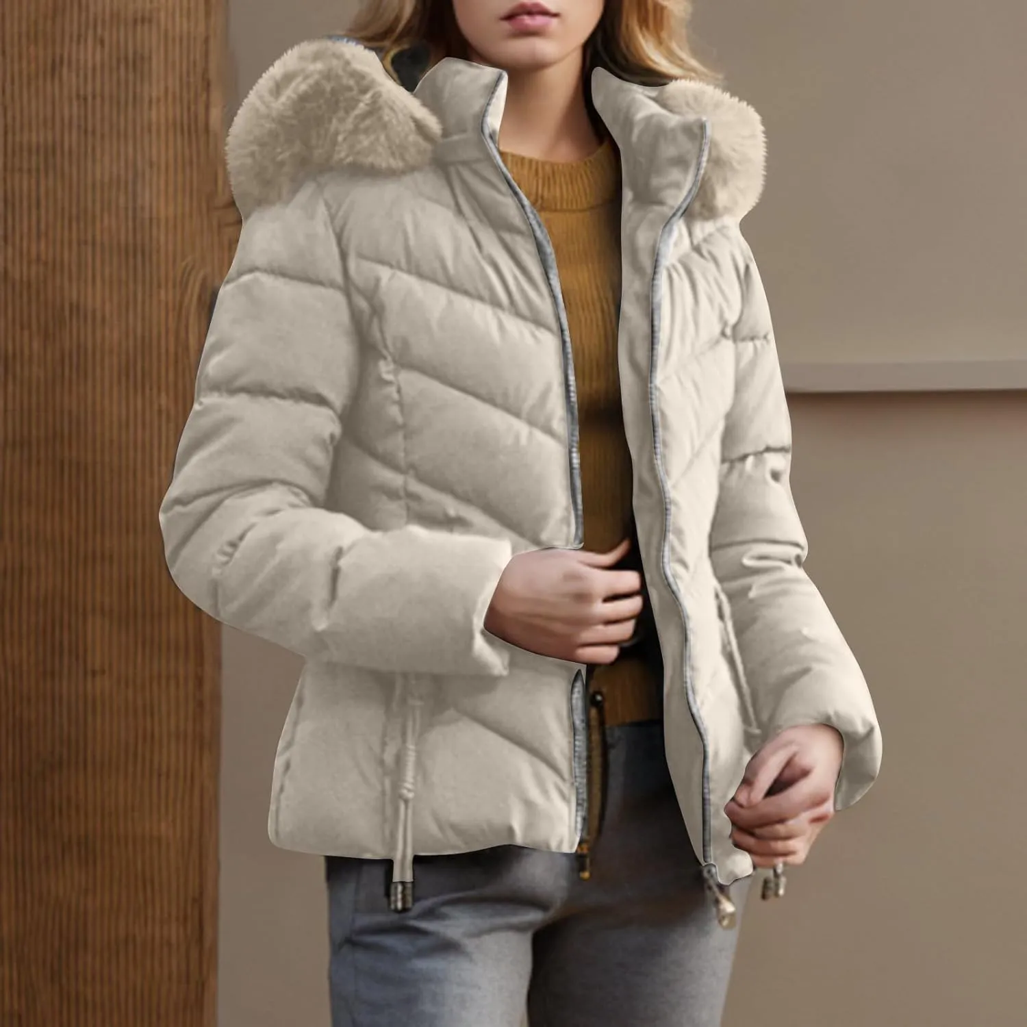 Women's Winter Cropped Coat Quilted Down Jackets Parka Warm Puffer Jacket with Faux Fur Hood Padded Coats Outerwear
