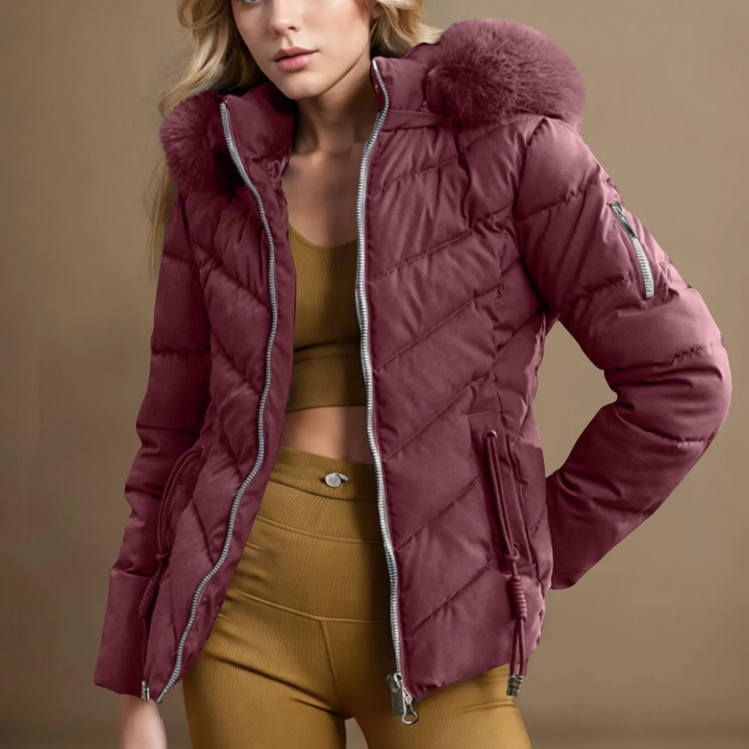 Women's Winter Cropped Coat Quilted Down Jackets Parka Warm Puffer Jacket with Faux Fur Hood Padded Coats Outerwear