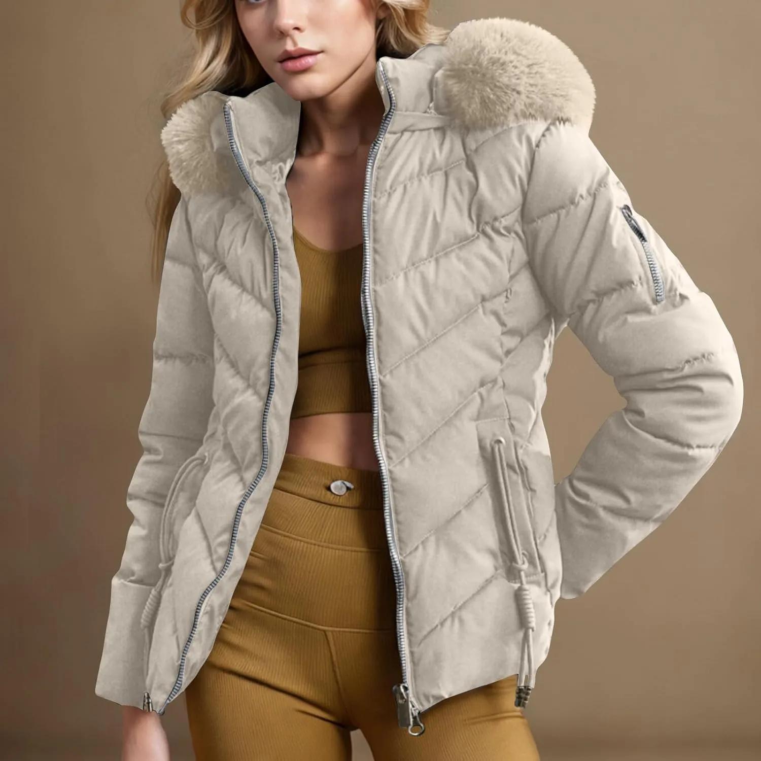 Women's Winter Cropped Coat Quilted Down Jackets Parka Warm Puffer Jacket with Faux Fur Hood Padded Coats Outerwear