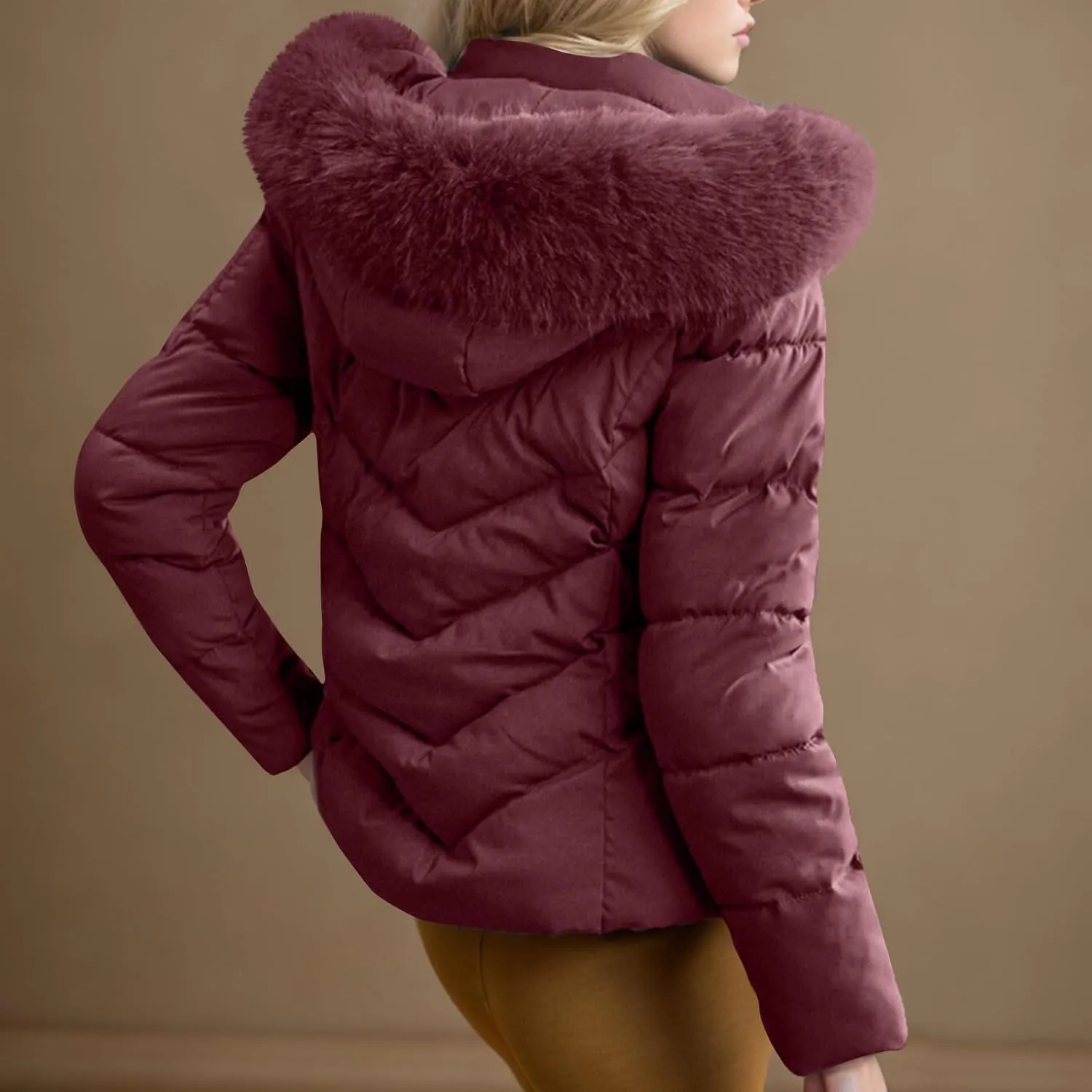 Women's Winter Cropped Coat Quilted Down Jackets Parka Warm Puffer Jacket with Faux Fur Hood Padded Coats Outerwear