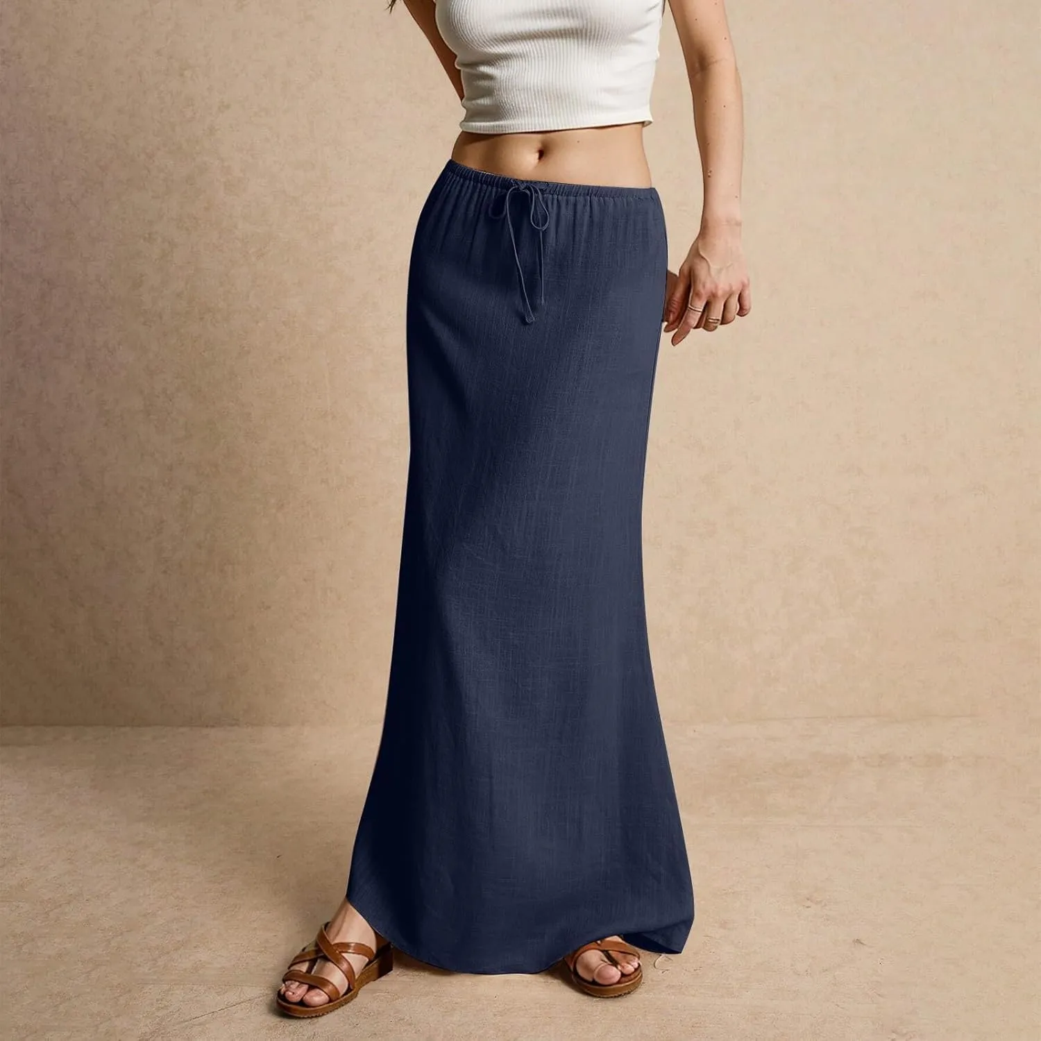 Wrap Skirts for Women Summer Womens Linen Maxi Skirt with Slit Drawstring Low Rise Long Flowy Skirts Plus Size