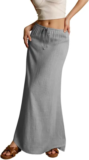 Wrap Skirts for Women Summer Womens Linen Maxi Skirt with Slit Drawstring Low Rise Long Flowy Skirts Plus Size