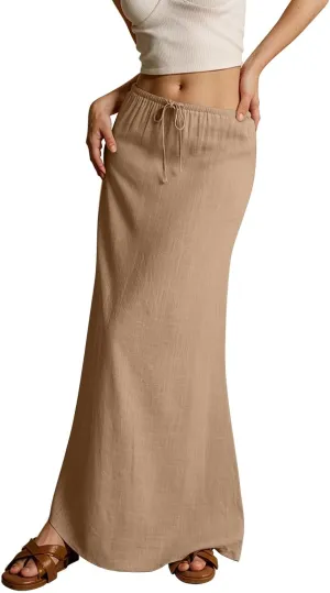 Wrap Skirts for Women Summer Womens Linen Maxi Skirt with Slit Drawstring Low Rise Long Flowy Skirts Plus Size