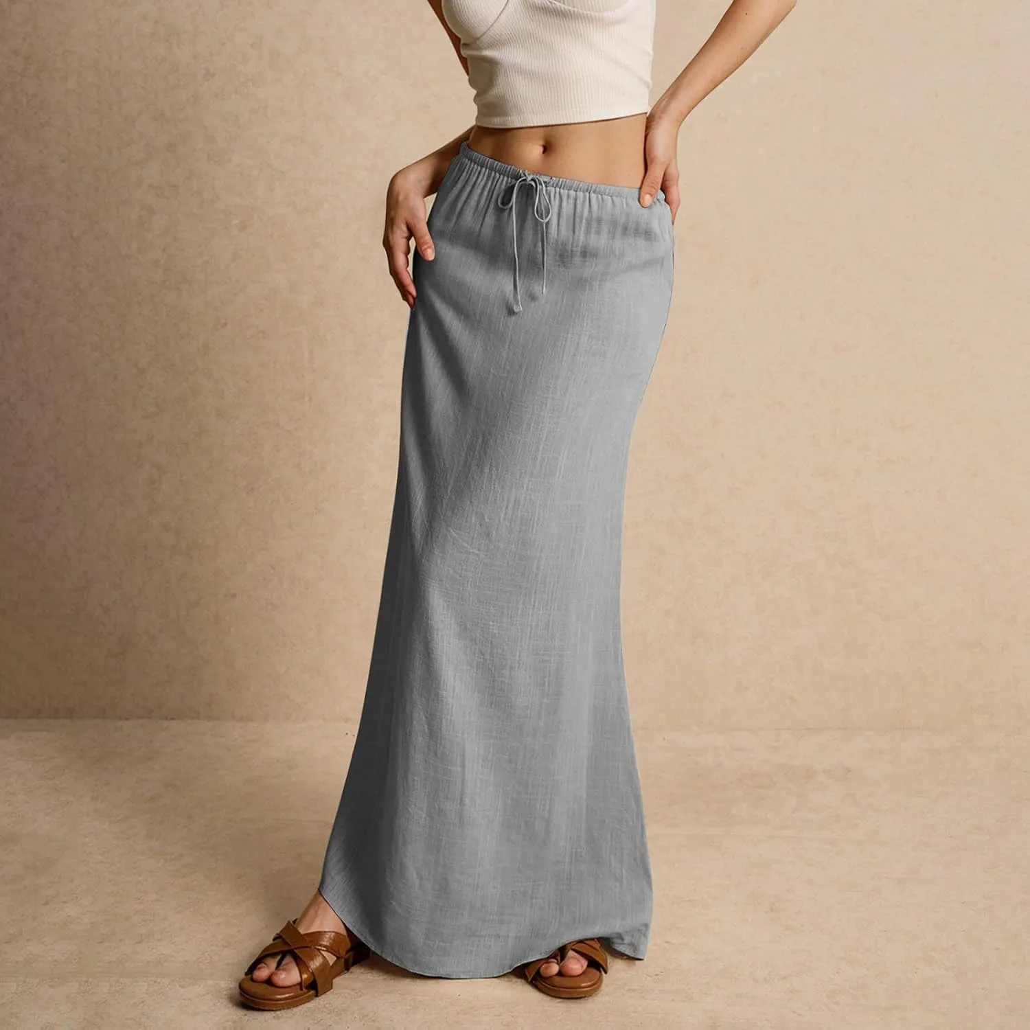 Wrap Skirts for Women Summer Womens Linen Maxi Skirt with Slit Drawstring Low Rise Long Flowy Skirts Plus Size