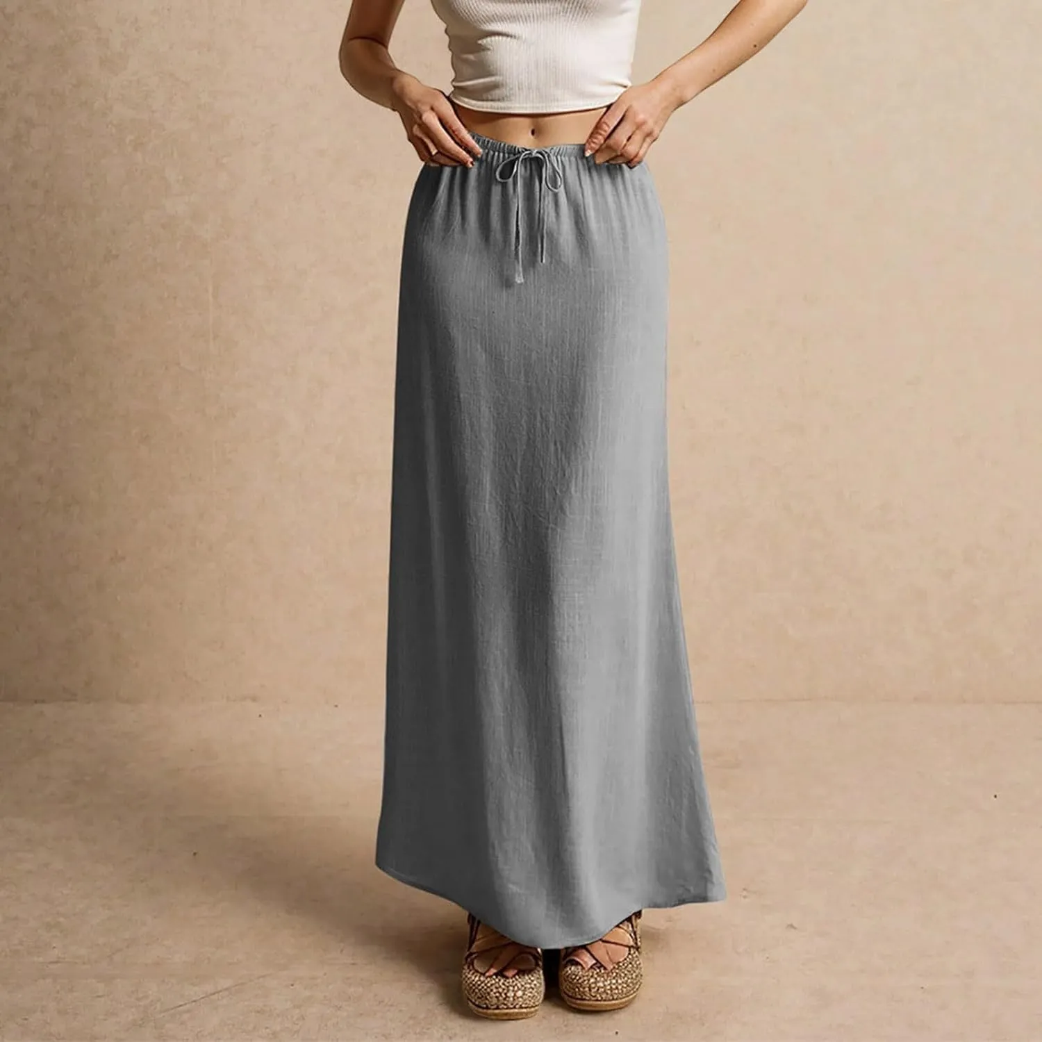 Wrap Skirts for Women Summer Womens Linen Maxi Skirt with Slit Drawstring Low Rise Long Flowy Skirts Plus Size