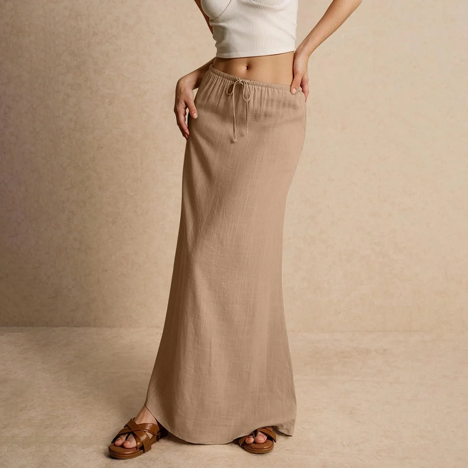 Wrap Skirts for Women Summer Womens Linen Maxi Skirt with Slit Drawstring Low Rise Long Flowy Skirts Plus Size