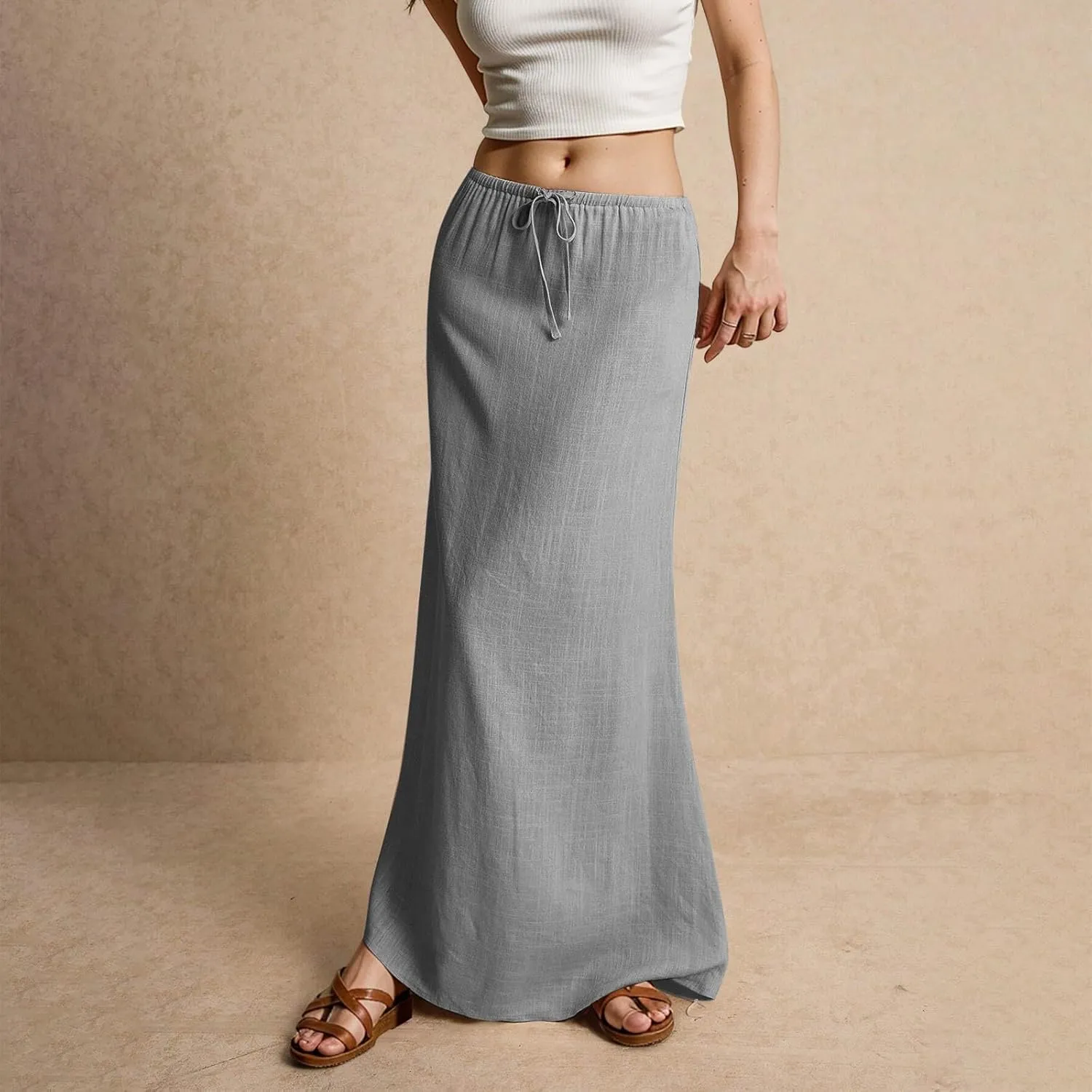 Wrap Skirts for Women Summer Womens Linen Maxi Skirt with Slit Drawstring Low Rise Long Flowy Skirts Plus Size