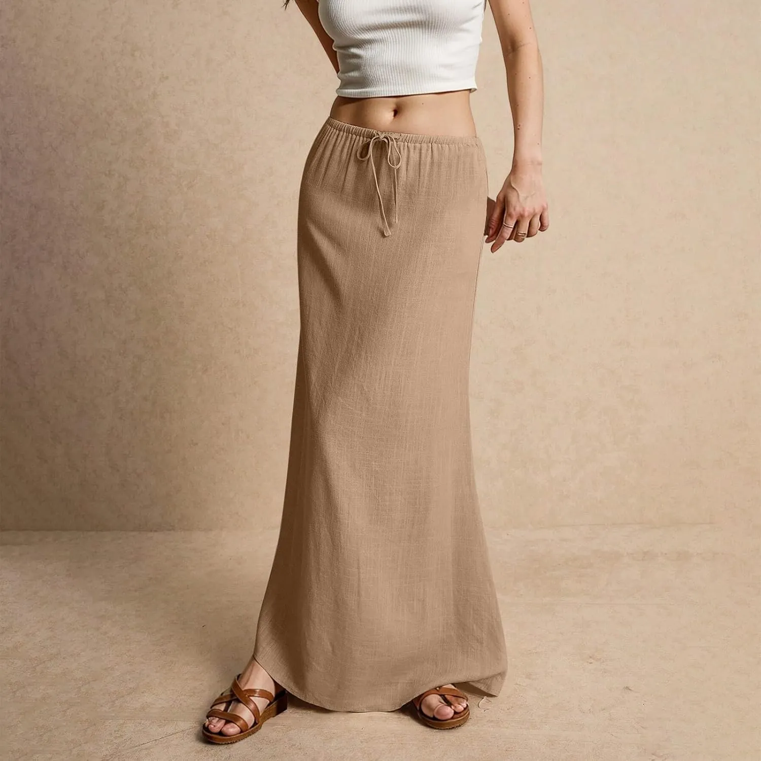 Wrap Skirts for Women Summer Womens Linen Maxi Skirt with Slit Drawstring Low Rise Long Flowy Skirts Plus Size