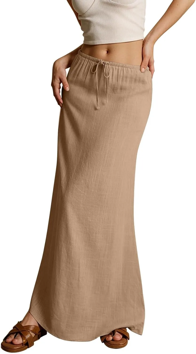 Wrap Skirts for Women Summer Womens Linen Maxi Skirt with Slit Drawstring Low Rise Long Flowy Skirts Plus Size