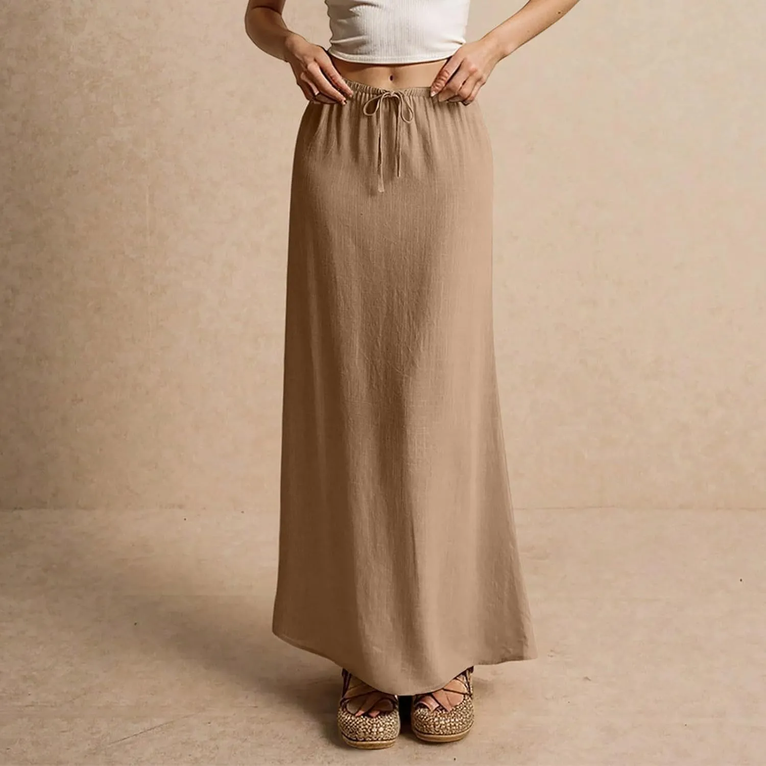 Wrap Skirts for Women Summer Womens Linen Maxi Skirt with Slit Drawstring Low Rise Long Flowy Skirts Plus Size